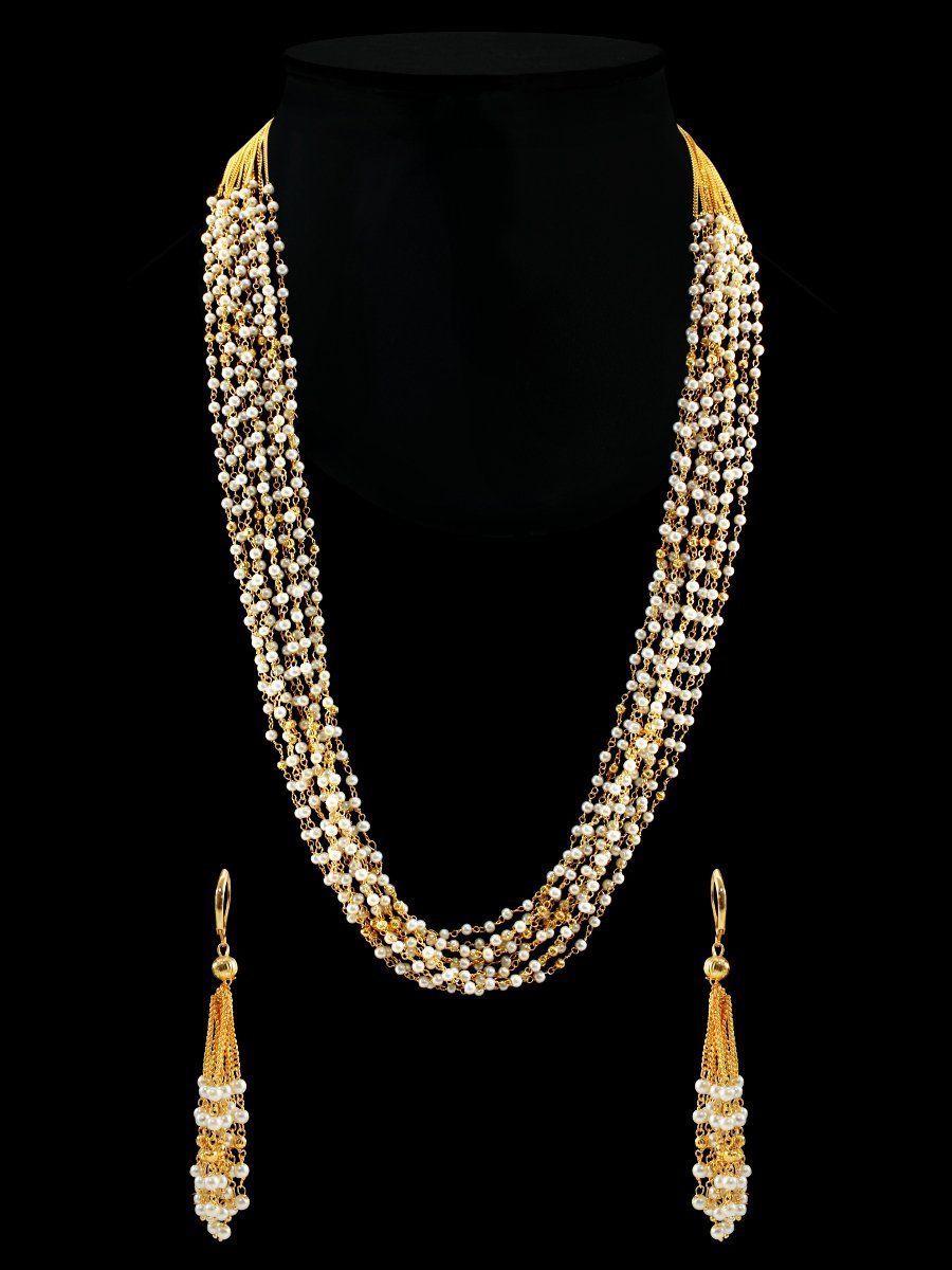 White 10 Line Royal Pearl Chain Linked Necklace Jewellery Set for Women