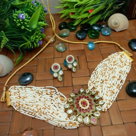 Brass Gold Plated American Diamond Beaded Choker Necklace Jewellery Set