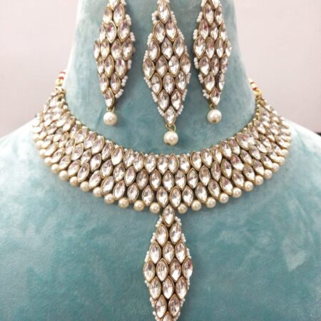 White Crystal Sparkling Necklace Set with Earrings & Maangtika