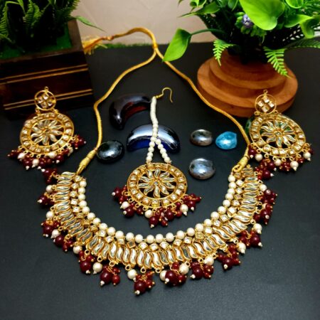 Red colour Copper Base Kundan Pearl Necklace Jewellery with Maangtika , Very Light Weight