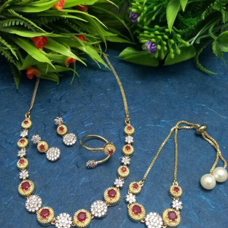 White colour American Diamond Combo of Necklace , Earrings , Ring & Bracelet