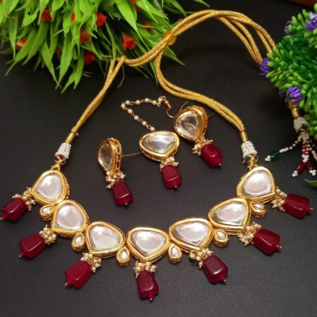 Red colour Brass Shine Kundan Necklace Set for Women Gold Plated Wedding with Maangtika