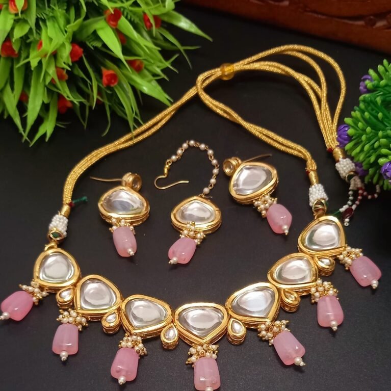 Pink colour Brass Shine Kundan Necklace Set for Women Gold Plated Wedding with Maangtika
