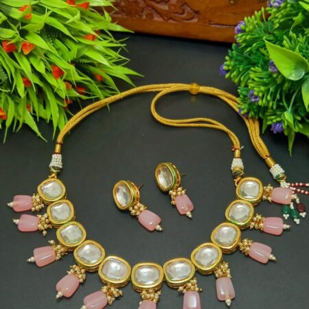 Pink colour Brass Shine Kundan Necklace Set for Women Gold Plated Wedding Jewellery