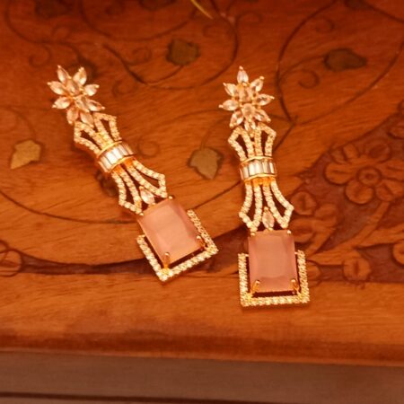 Pink colour Indian Jewellery American Diamond Rose Polish Long Hangging Dangler Earrings for Women Wedding
