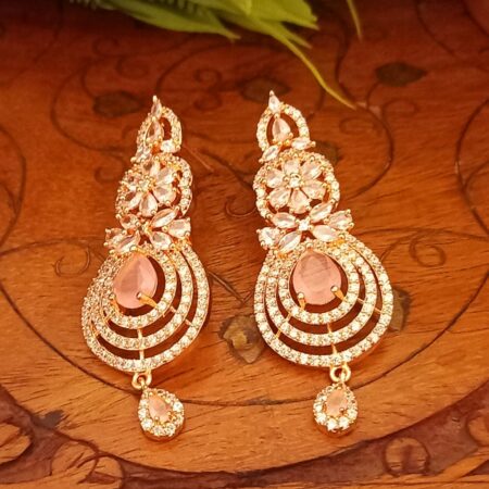 Pink colour Indian Jewellery American Diamond Rose Polish Long Hangging Dangler Earrings for Women Wedding