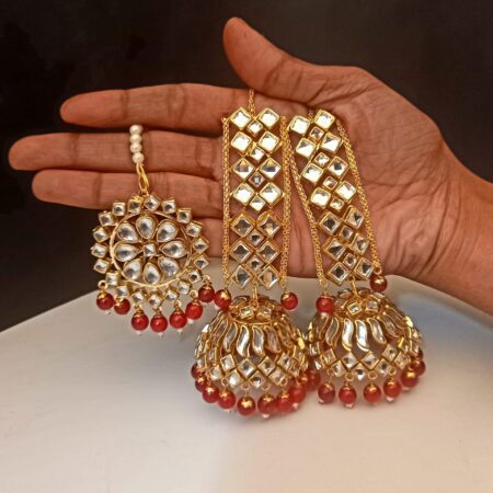Copper Gold Plated Handmade Kundan Ear Chain Jhumka Earring with Mang Tika