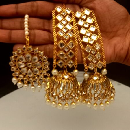 Copper Gold Plated Handmade Kundan Ear Chain Jhumka Earring with Mang Tika