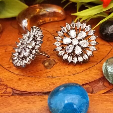 White colour Indian Jewellery American Diamond Brass Base Earrings Tops for Women & Girls in Black Polish