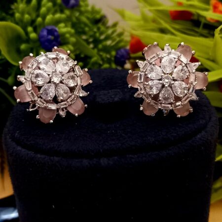 Pink Colour American Diamond Earrings Tops for Women & Girls White Polish