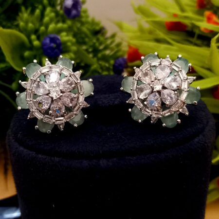 Light Green colour American Diamond Earrings Tops for Women & Girls White Polish
