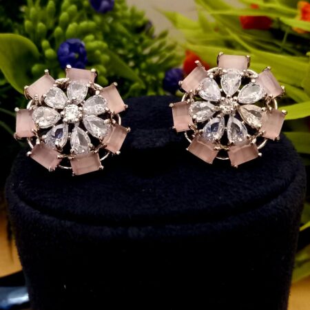Pink Colour American Diamond Earrings Tops for Women & Girls White Polish