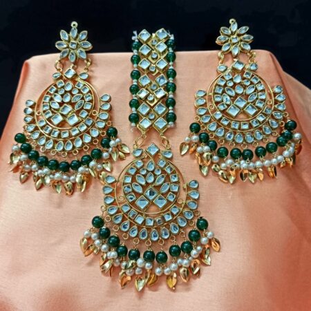 Green Gold Plated Kundan Light Weight Earrings Maangtika Set Combo